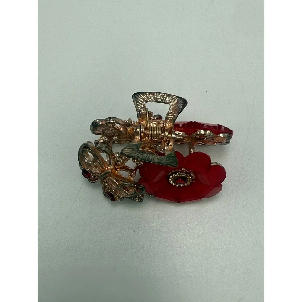 Red Flower Butterfly Hair Claw Clip Gold Tone Rhinestone Filigree Accessory